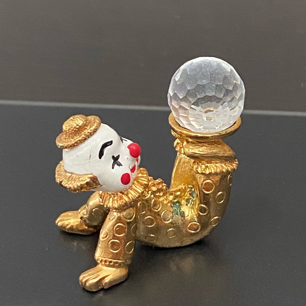 Vintage 1984 SPOONTIQUES Pewter Over Gold Miniature Clown with Crystal Figurine
